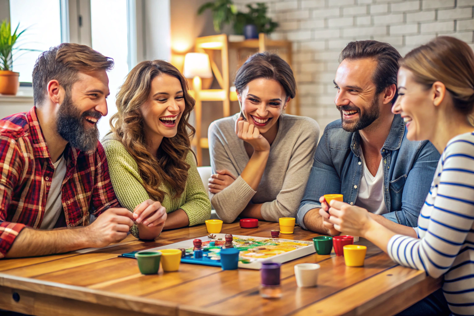 A group of people playing a board game on a wooden table, with colorful game pieces and cards visible, everyone laughing and engaged, in a cozy room setting with soft lighting, no text or logos present