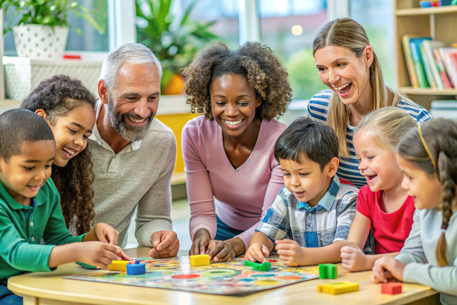 A diverse group of people, including adults and children, smiling and engaging in a collaborative board game or creative activity in a bright, welcoming playroom with no visible text or branding