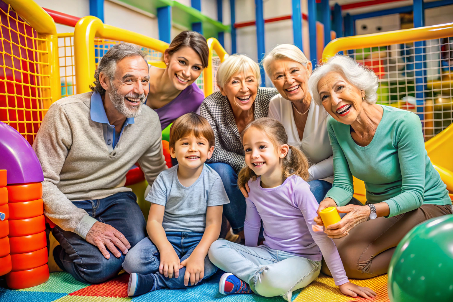 A group of people of different ages smiling and playing together in a bright, modern play area with colorful game equipment and no visible text or logos